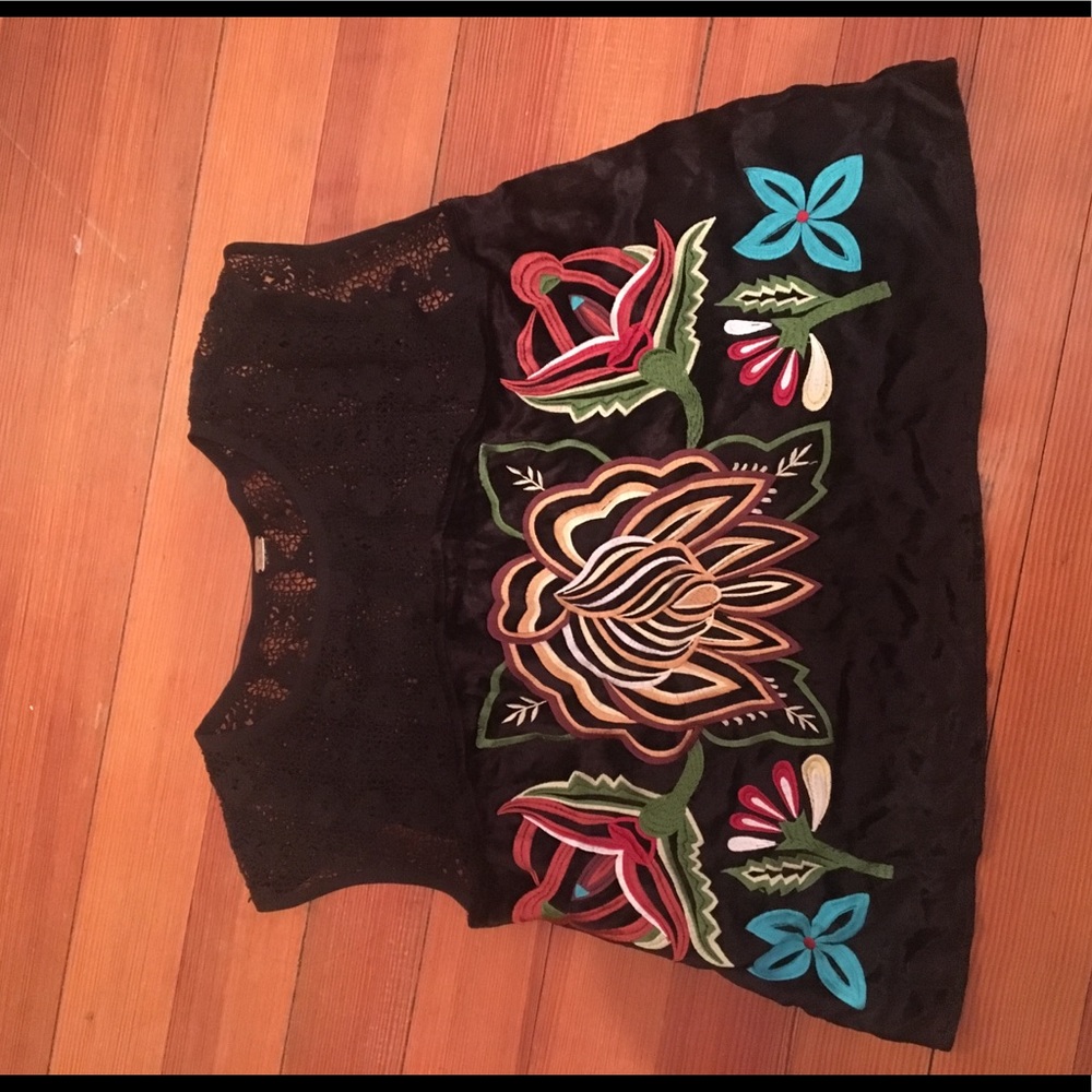 FREE PEOPLE Velvet and crochet embroidered top